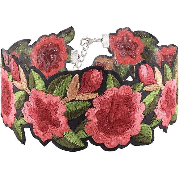 Embroidered Floral Patch Choker Necklace Pink Green Black Adjustable NWOT - Picture 12 of 16